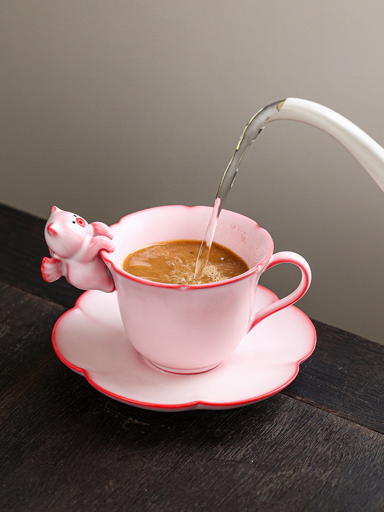 Cute 3D Pig Ceramic Coffee Cup - Pink Tea Cup with Saucer for Home Office Decor Gift