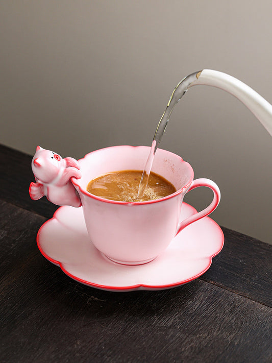 Cute 3D Pig Ceramic Coffee Cup - Pink Tea Cup with Saucer for Home Office Decor Gift