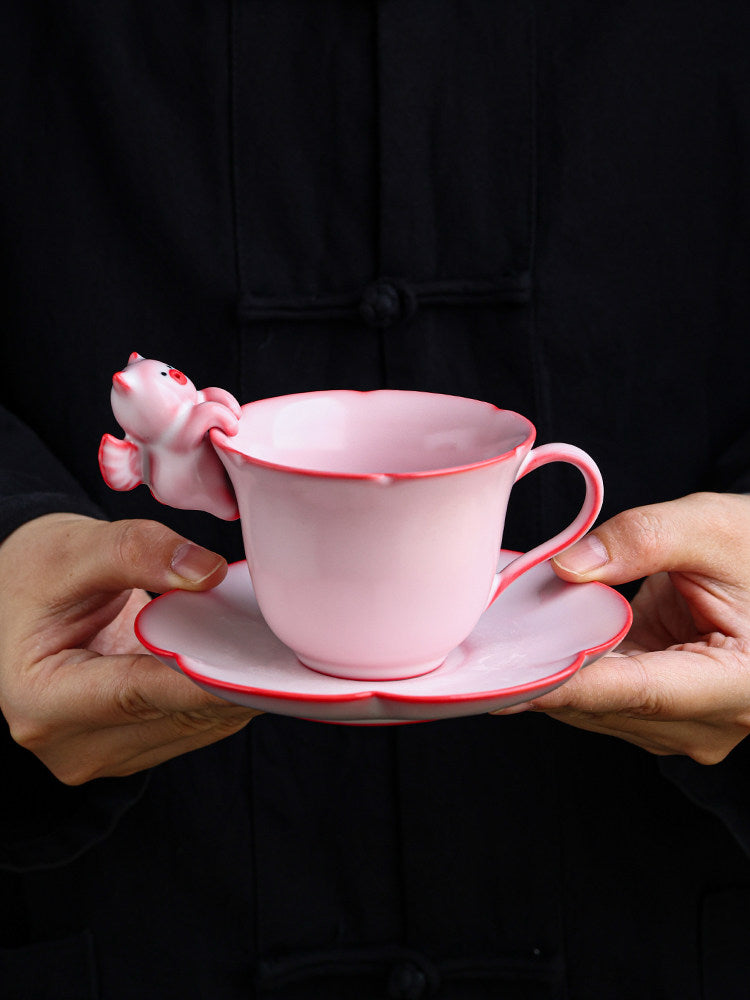 Cute 3D Pig Ceramic Coffee Cup - Pink Tea Cup with Saucer for Home Office Decor Gift