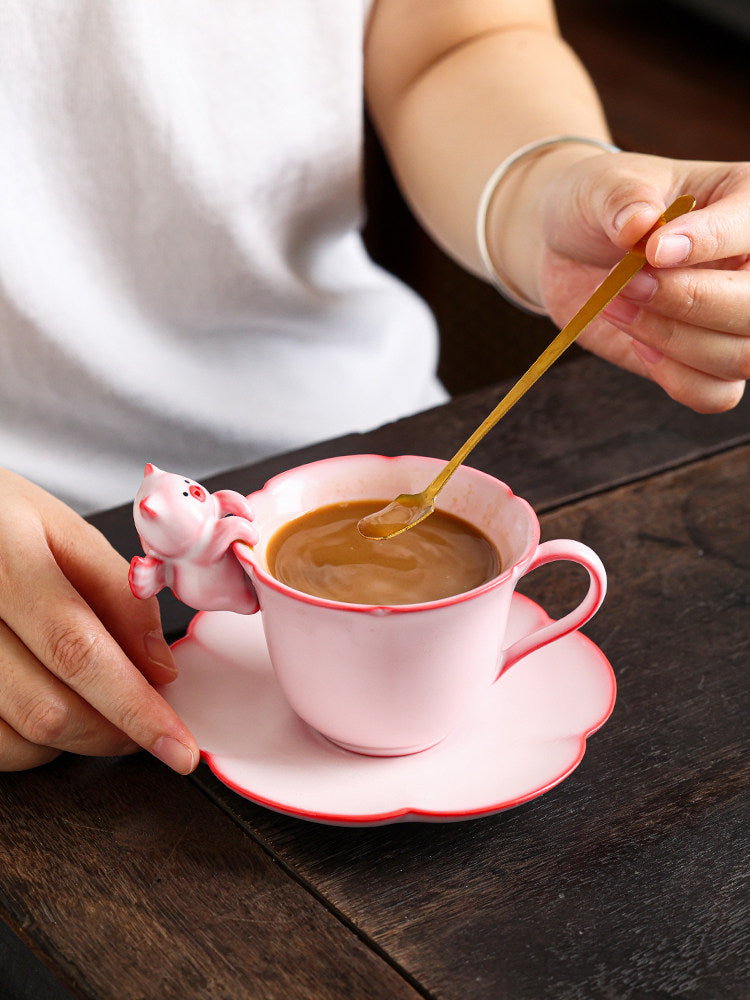 Cute 3D Pig Ceramic Coffee Cup - Pink Tea Cup with Saucer for Home Office Decor Gift