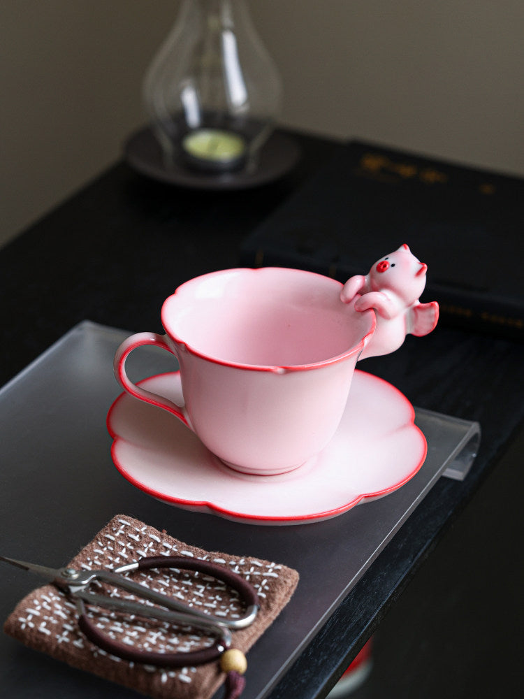 Cute 3D Pig Ceramic Coffee Cup - Pink Tea Cup with Saucer for Home Office Decor Gift