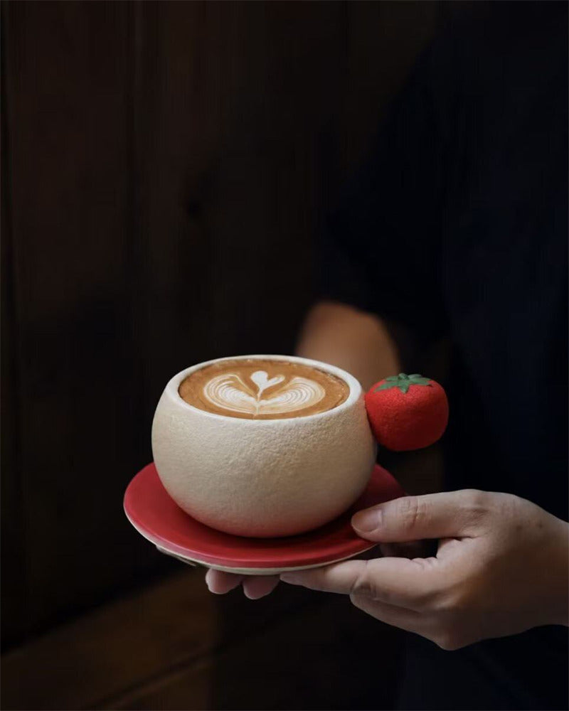 Cute 3D Tomato Side‑Decor Ceramic Coffee Cup , Unique Round Latte Mug Set, Novelty Coffee Bar Decor