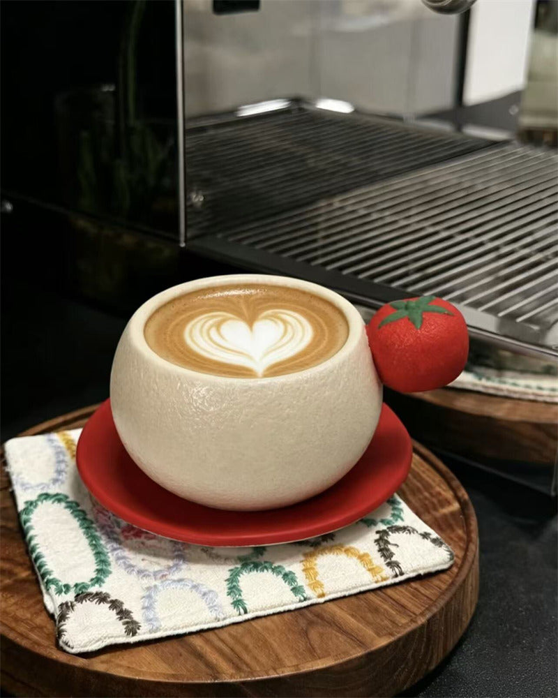 Cute 3D Tomato Side‑Decor Ceramic Coffee Cup , Unique Round Latte Mug Set, Novelty Coffee Bar Decor