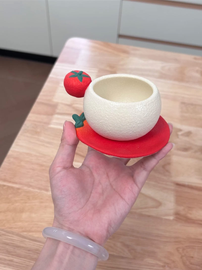 Cute 3D Tomato Side‑Decor Ceramic Coffee Cup , Unique Round Latte Mug Set, Novelty Coffee Bar Decor