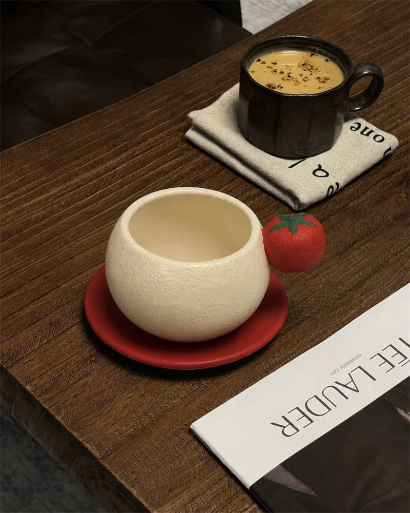 Cute 3D Tomato Side‑Decor Ceramic Coffee Cup , Unique Round Latte Mug Set, Novelty Coffee Bar Decor