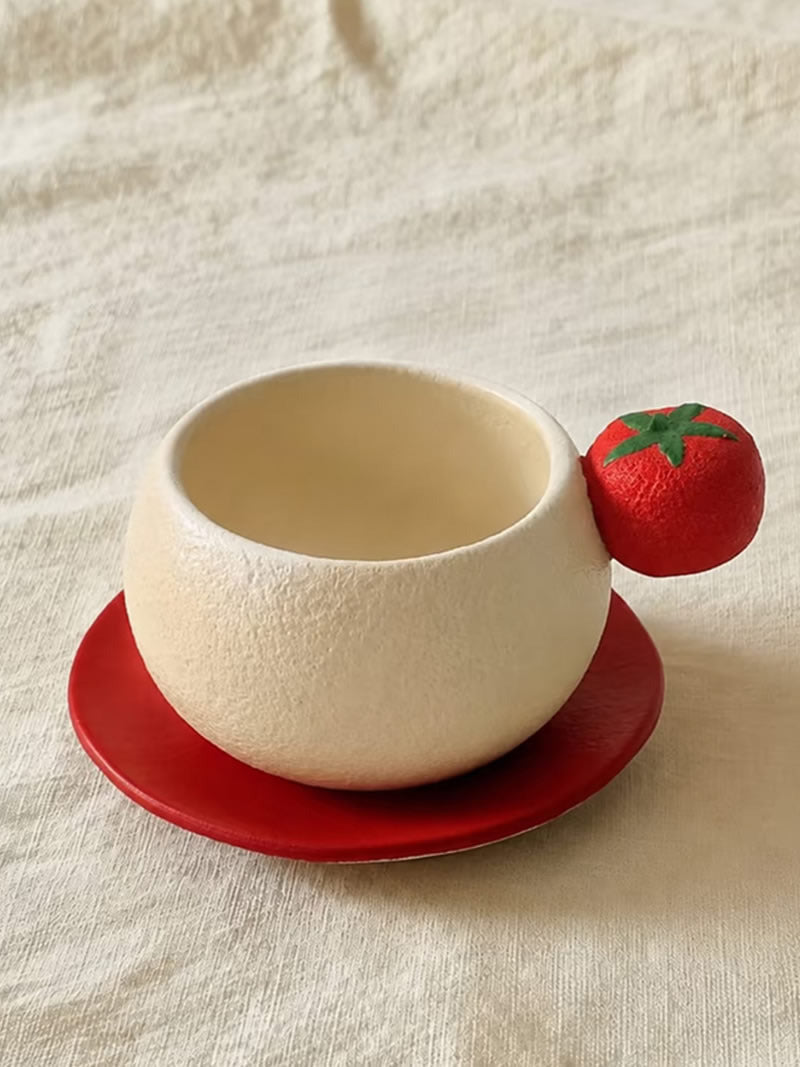 Cute 3D Tomato Side‑Decor Ceramic Coffee Cup , Unique Round Latte Mug Set, Novelty Coffee Bar Decor
