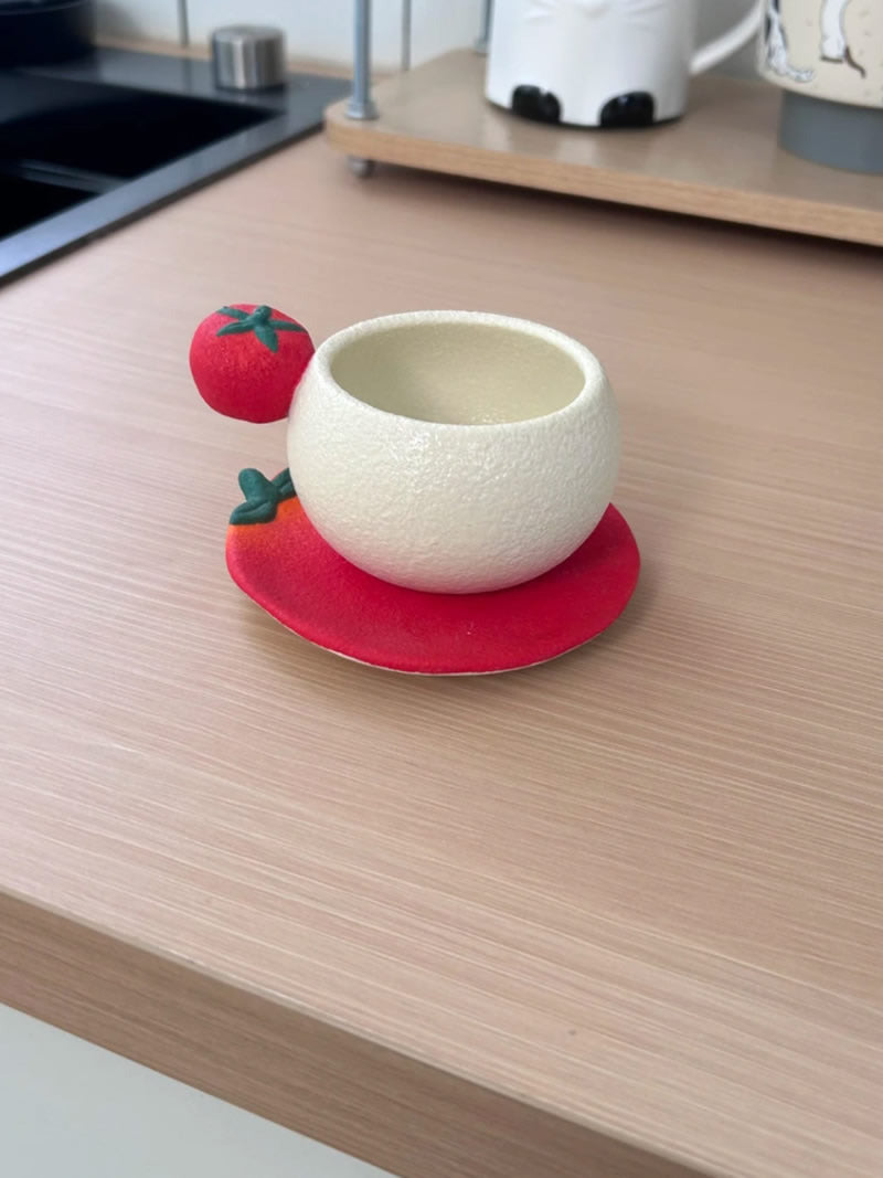 Cute 3D Tomato Side‑Decor Ceramic Coffee Cup , Unique Round Latte Mug Set, Novelty Coffee Bar Decor