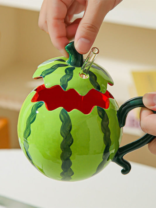 Cute 3D Watermelon Shaped Ceramic Mug with Lid & Glass Straw, Fruit Design Large Capacity Coffee Tea Cup