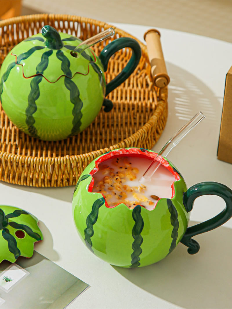 Cute 3D Watermelon Shaped Ceramic Mug with Lid & Glass Straw, Fruit Design Large Capacity Coffee Tea Cup