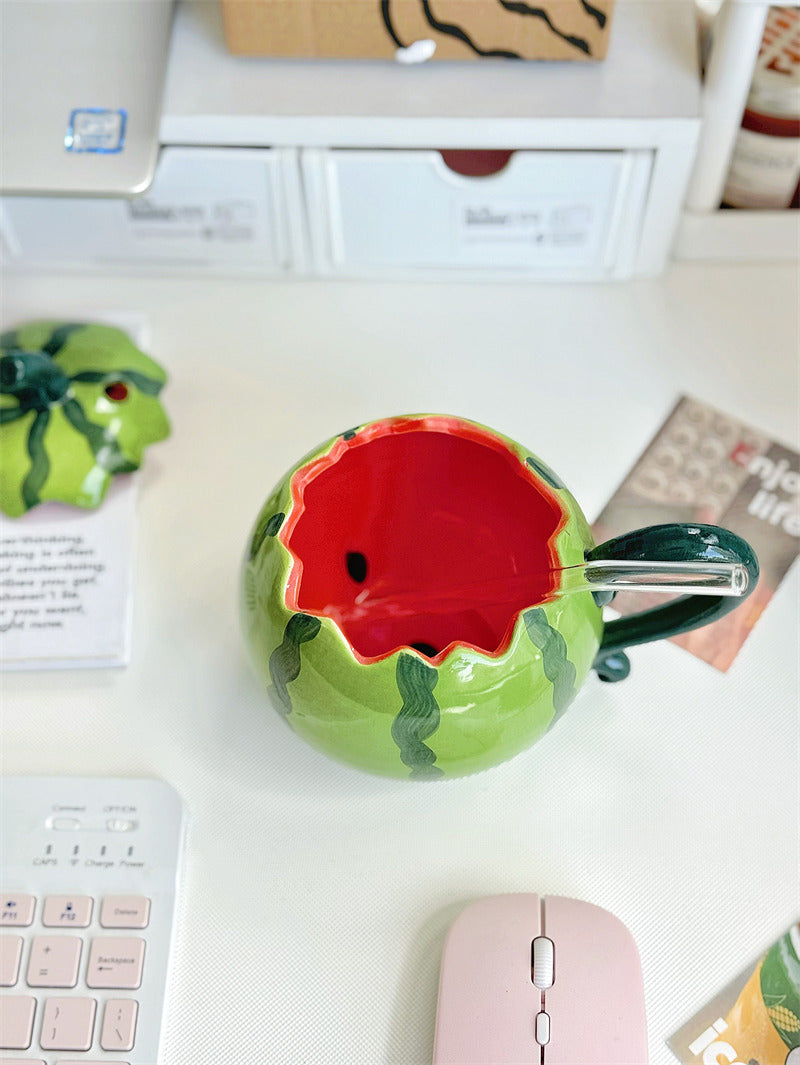 Cute 3D Watermelon Shaped Ceramic Mug with Lid & Glass Straw, Fruit Design Large Capacity Coffee Tea Cup