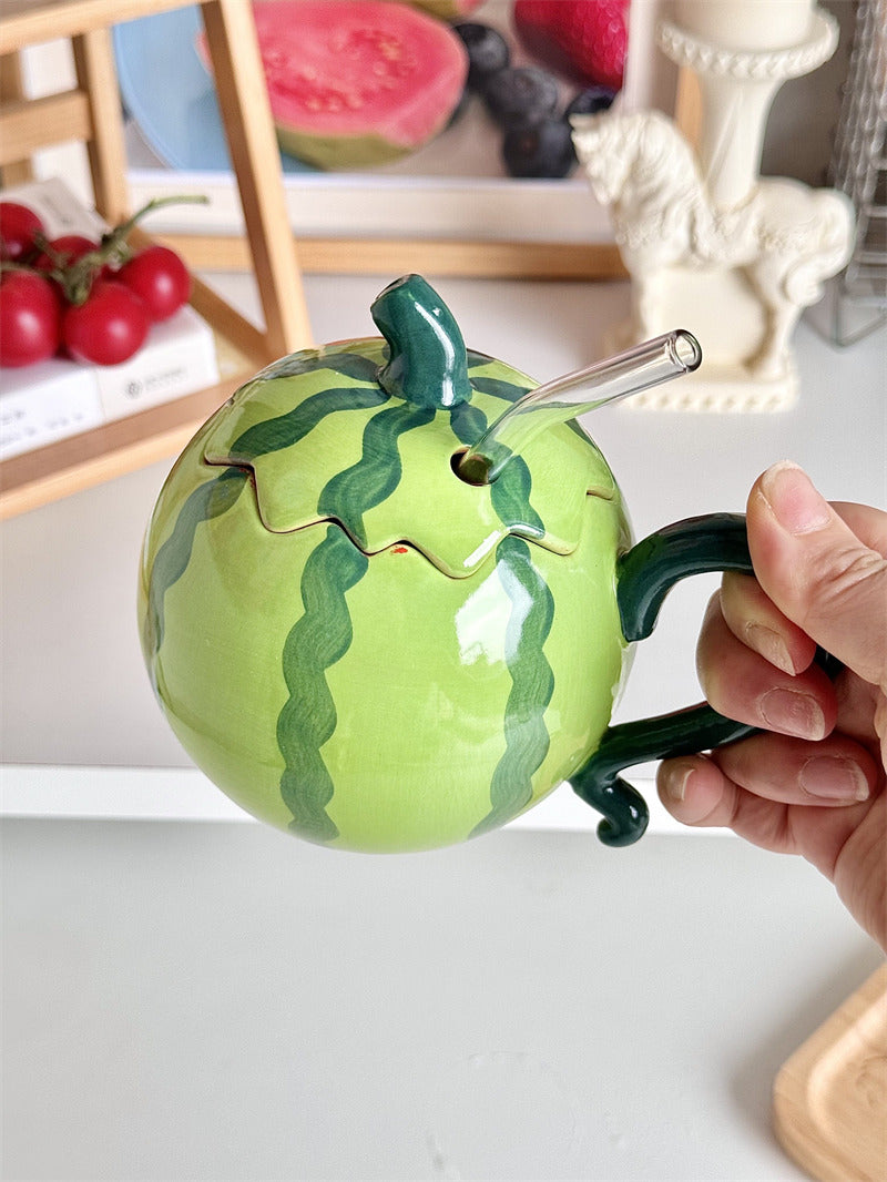 Cute 3D Watermelon Shaped Ceramic Mug with Lid & Glass Straw, Fruit Design Large Capacity Coffee Tea Cup