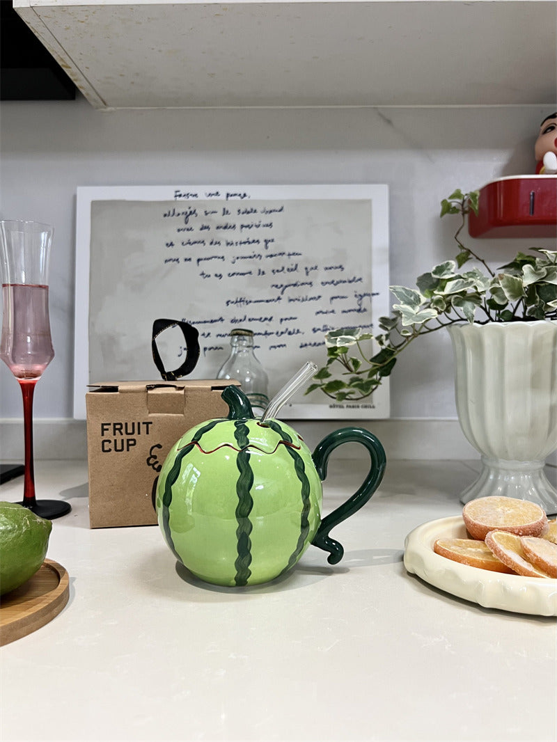 Cute 3D Watermelon Shaped Ceramic Mug with Lid & Glass Straw, Fruit Design Large Capacity Coffee Tea Cup