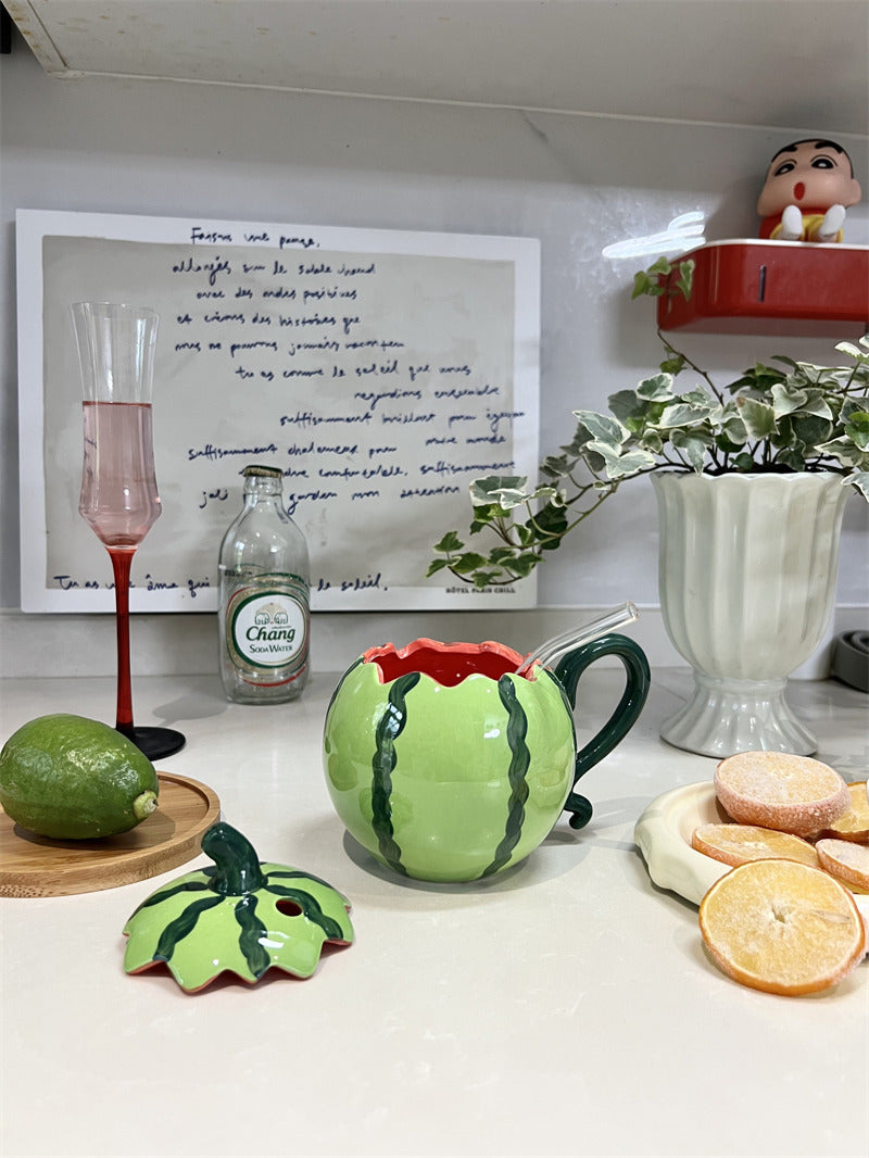 Cute 3D Watermelon Shaped Ceramic Mug with Lid & Glass Straw, Fruit Design Large Capacity Coffee Tea Cup
