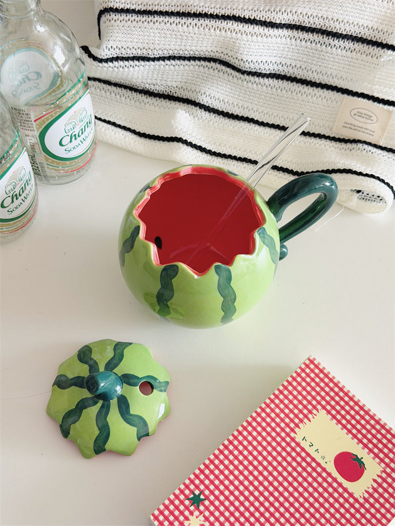Cute 3D Watermelon Shaped Ceramic Mug with Lid & Glass Straw, Fruit Design Large Capacity Coffee Tea Cup
