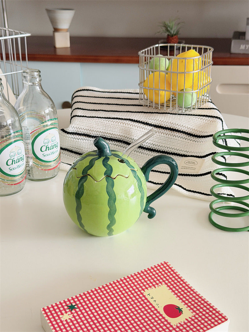 Cute 3D Watermelon Shaped Ceramic Mug with Lid & Glass Straw, Fruit Design Large Capacity Coffee Tea Cup