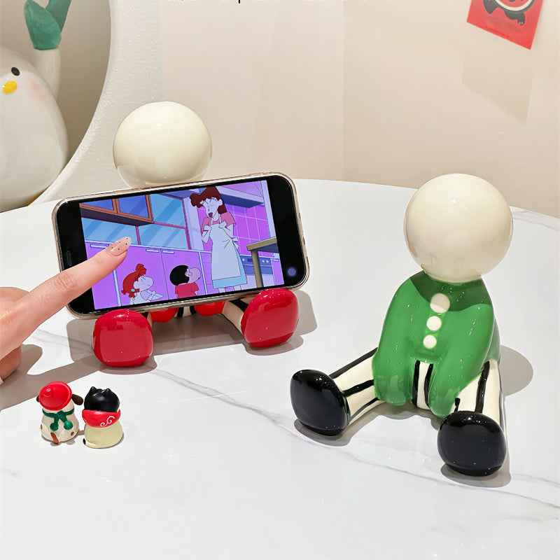 Cute Abstract Sitting Little Man Resin Phone Stand, Cartoon Character Cell Phone Holder, Fun Desktop Decoration Small Ornaments