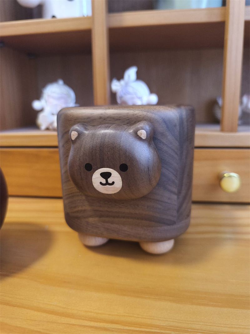 Cute Bear Black Walnut Wood Pen Holder - Cartoon Animal Desktop Stationery Organizer