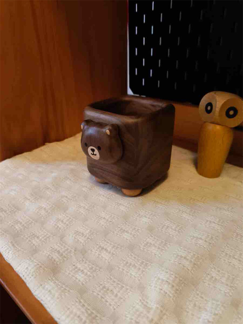 Cute Bear Black Walnut Wood Pen Holder - Cartoon Animal Desktop Stationery Organizer