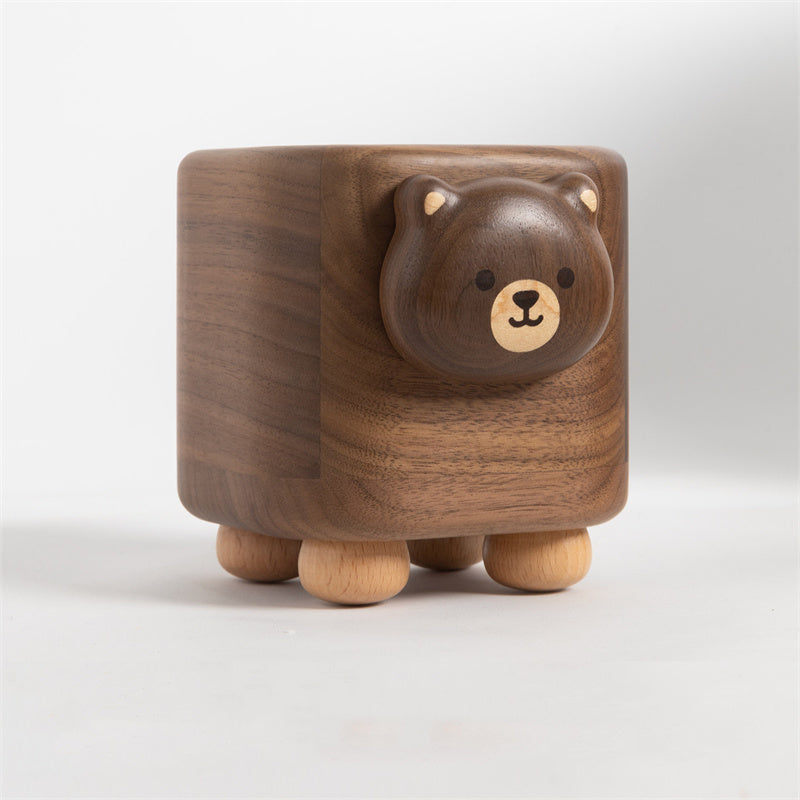 Cute Bear Black Walnut Wood Pen Holder - Cartoon Animal Desktop Stationery Organizer