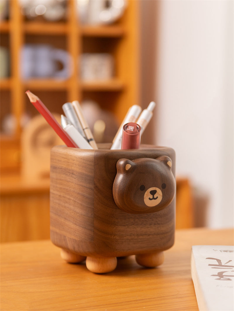 Cute Bear Black Walnut Wood Pen Holder - Cartoon Animal Desktop Stationery Organizer