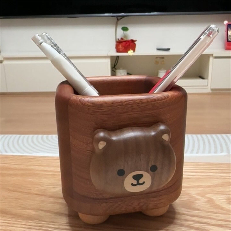 Cute Bear Black Walnut Wood Pen Holder - Cartoon Animal Desktop Stationery Organizer