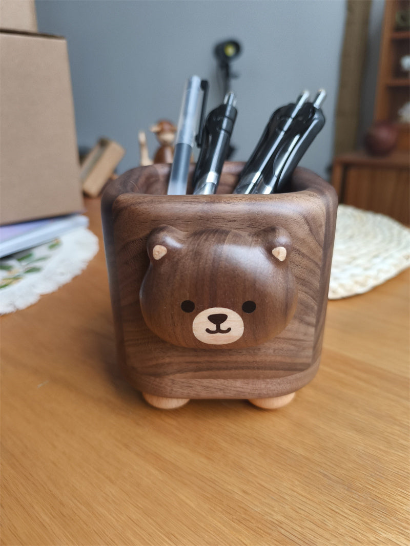 Cute Bear Black Walnut Wood Pen Holder - Cartoon Animal Desktop Stationery Organizer