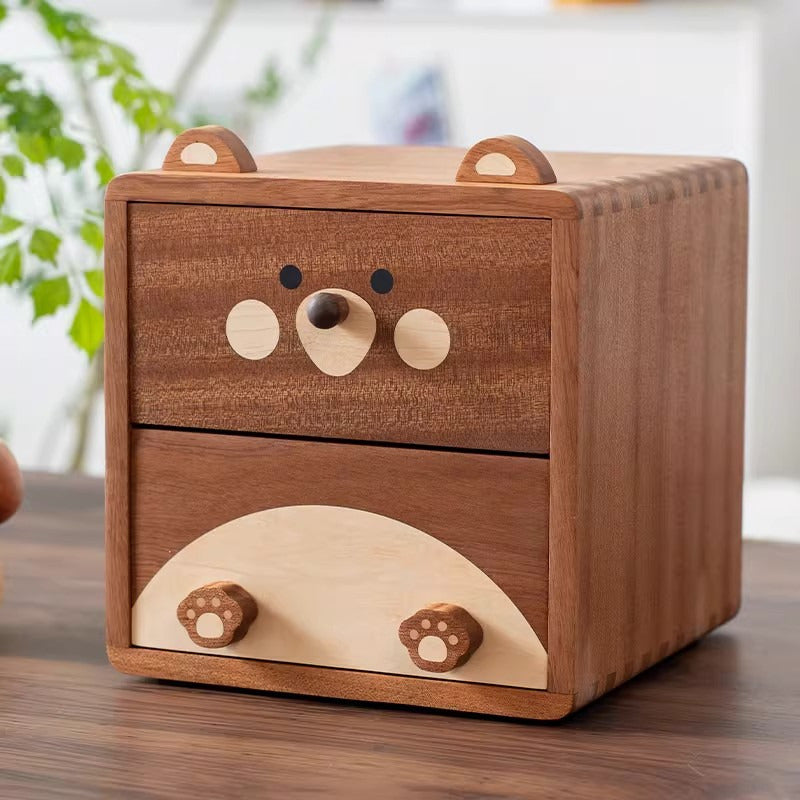 Cute Bear‑Face Wooden Desktop Storage Box,Kawaii Animal‑Shaped Desk 2‑Tier Solid Wood Drawer Organizer,Unique Gift