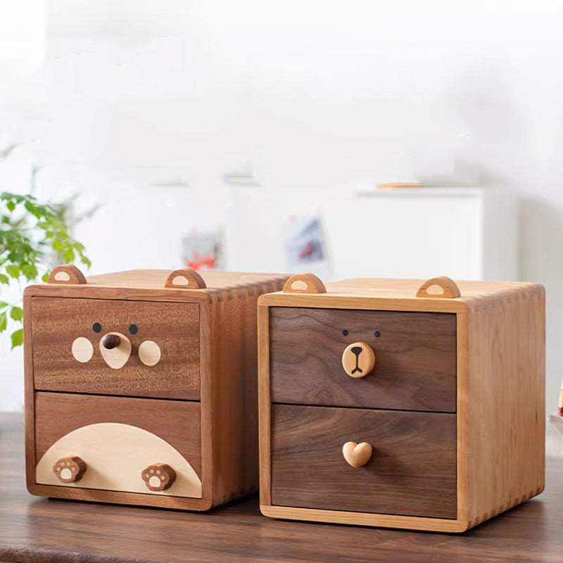 Cute Bear‑Face Wooden Desktop Storage Box,Kawaii Animal‑Shaped Desk 2‑Tier Solid Wood Drawer Organizer,Unique Gift