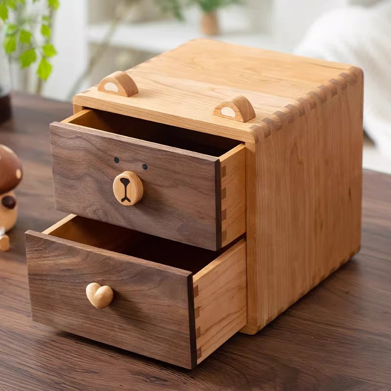 Cute Bear‑Face Wooden Desktop Storage Box,Kawaii Animal‑Shaped Desk 2‑Tier Solid Wood Drawer Organizer,Unique Gift