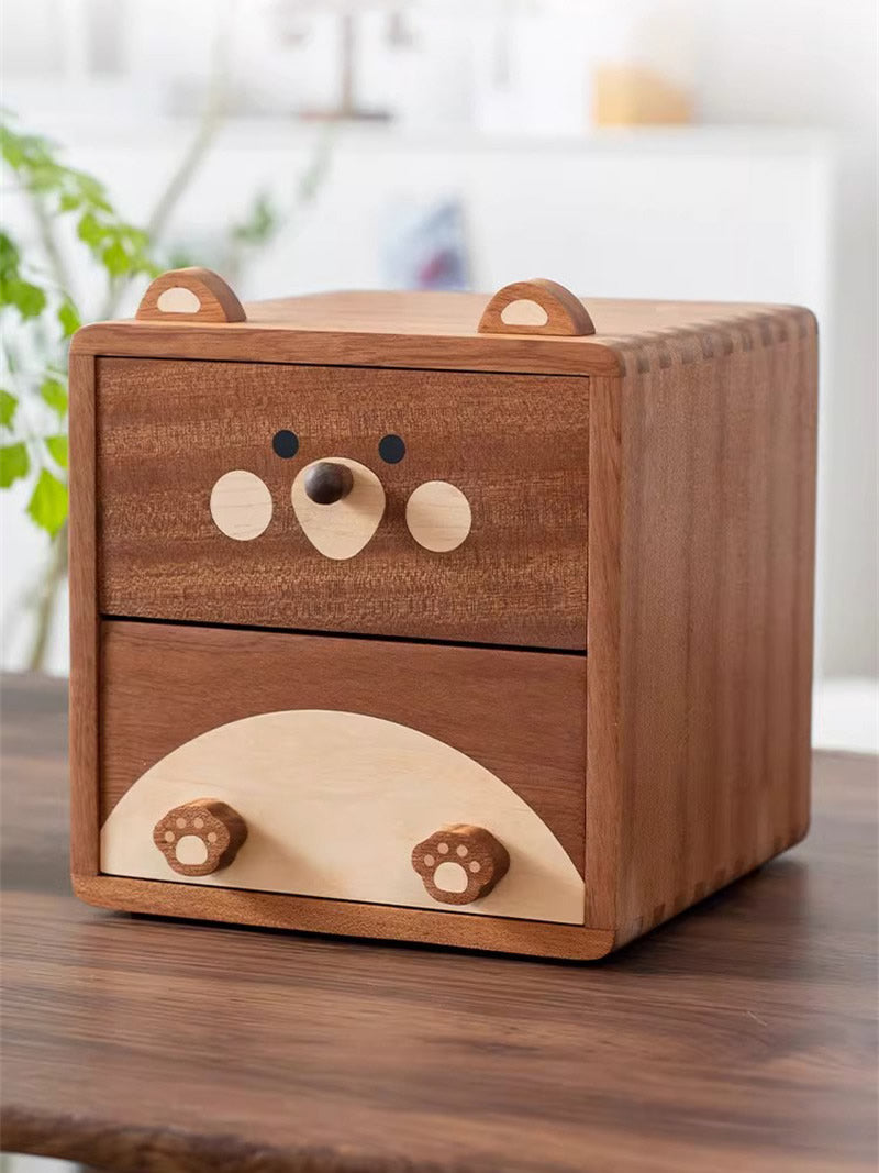 Cute Bear‑Face Wooden Desktop Storage Box,Kawaii Animal‑Shaped Desk 2‑Tier Solid Wood Drawer Organizer,Unique Gift