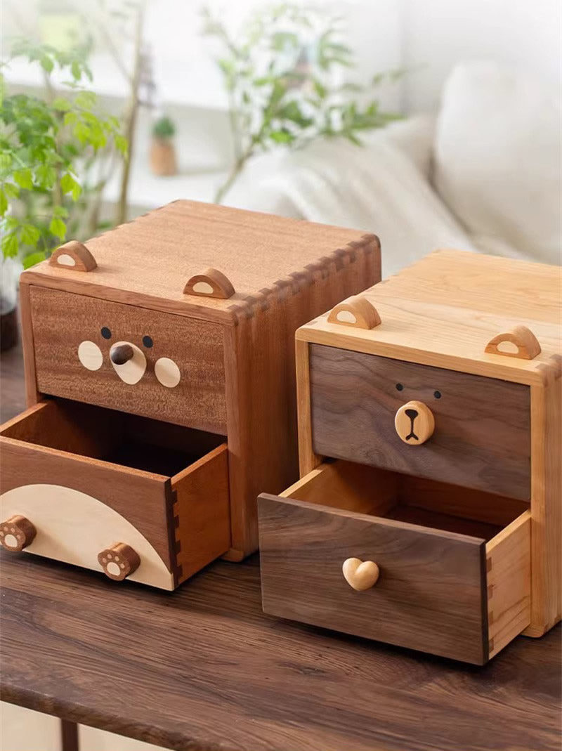 Cute Bear‑Face Wooden Desktop Storage Box,Kawaii Animal‑Shaped Desk 2‑Tier Solid Wood Drawer Organizer,Unique Gift