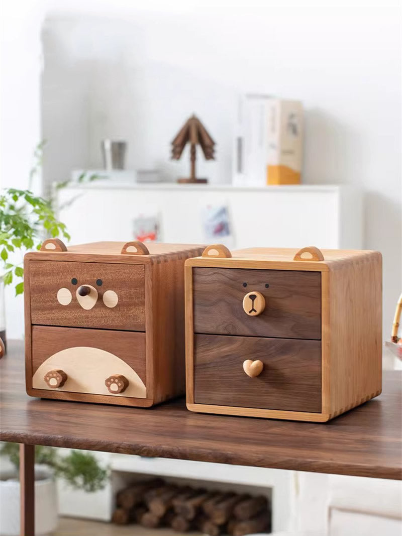 Cute Bear‑Face Wooden Desktop Storage Box,Kawaii Animal‑Shaped Desk 2‑Tier Solid Wood Drawer Organizer,Unique Gift