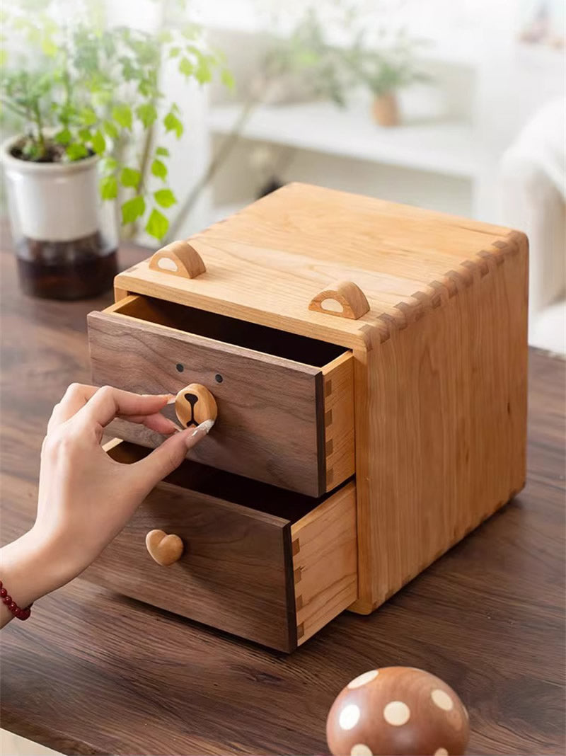 Cute Bear‑Face Wooden Desktop Storage Box,Kawaii Animal‑Shaped Desk 2‑Tier Solid Wood Drawer Organizer,Unique Gift