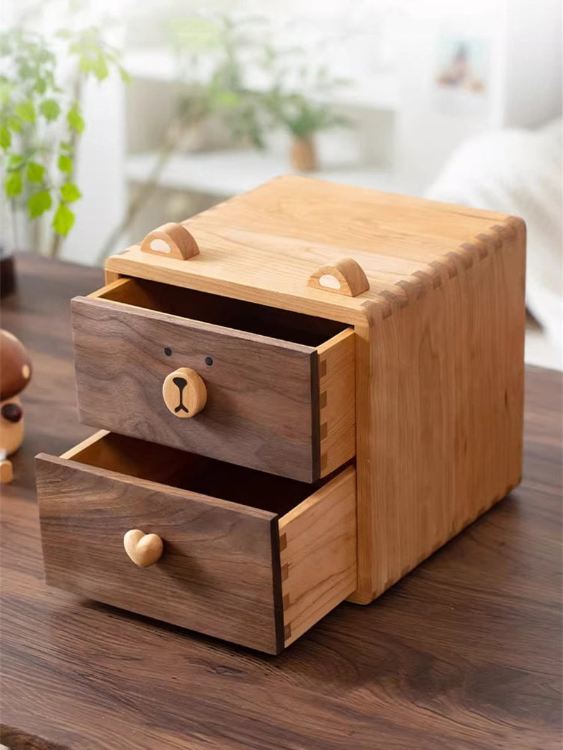 Cute Bear‑Face Wooden Desktop Storage Box,Kawaii Animal‑Shaped Desk 2‑Tier Solid Wood Drawer Organizer,Unique Gift