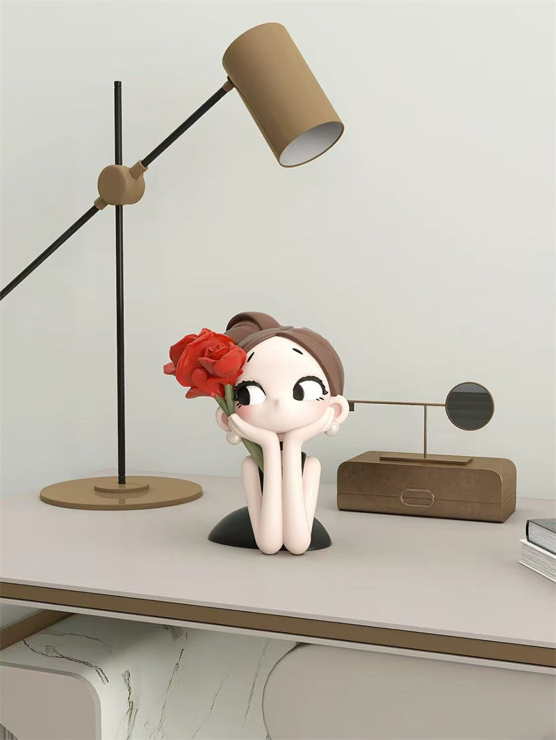 Cute Big Eye Girl With Rose Figurine, Aesthetic Tabletop Lady Statue, Minimalist Home Decor Sculpture Ornament, Gift for Women