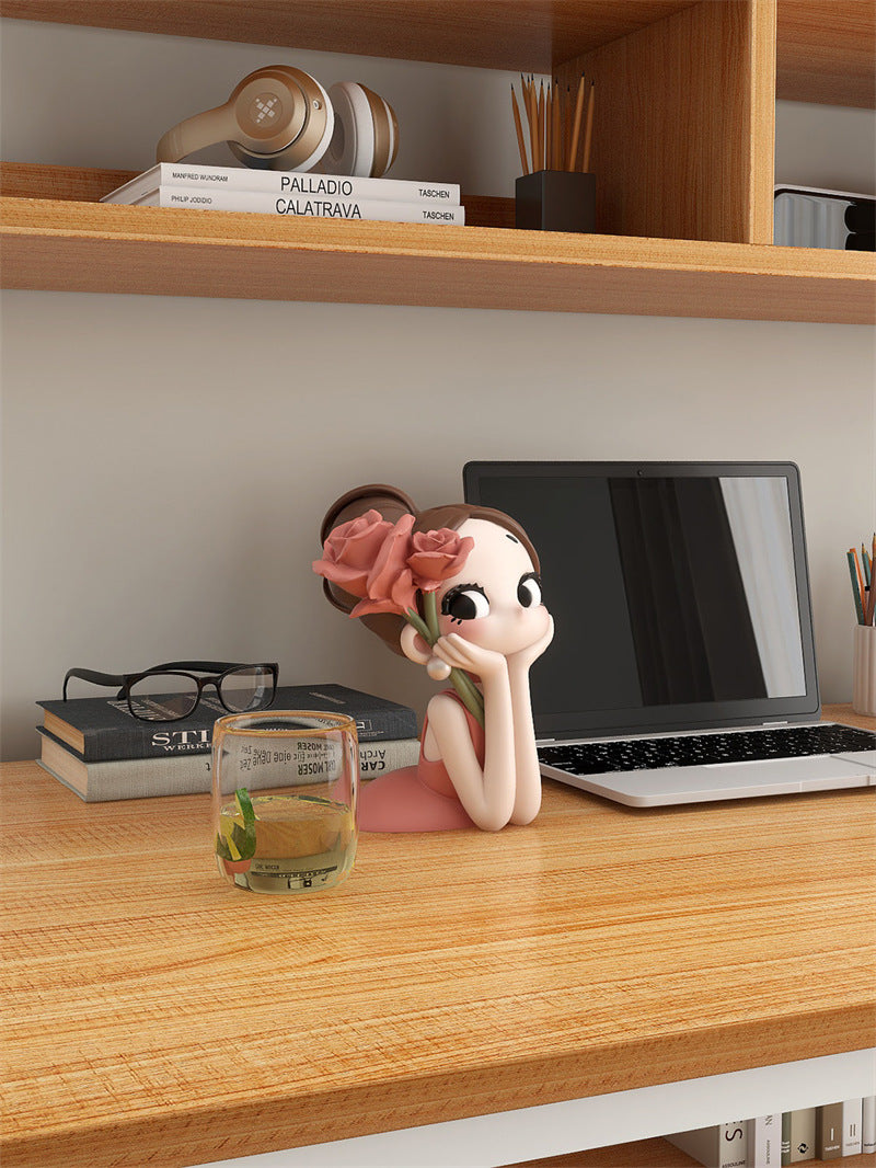 Cute Big Eye Girl With Rose Figurine, Aesthetic Tabletop Lady Statue, Minimalist Home Decor Sculpture Ornament, Gift for Women