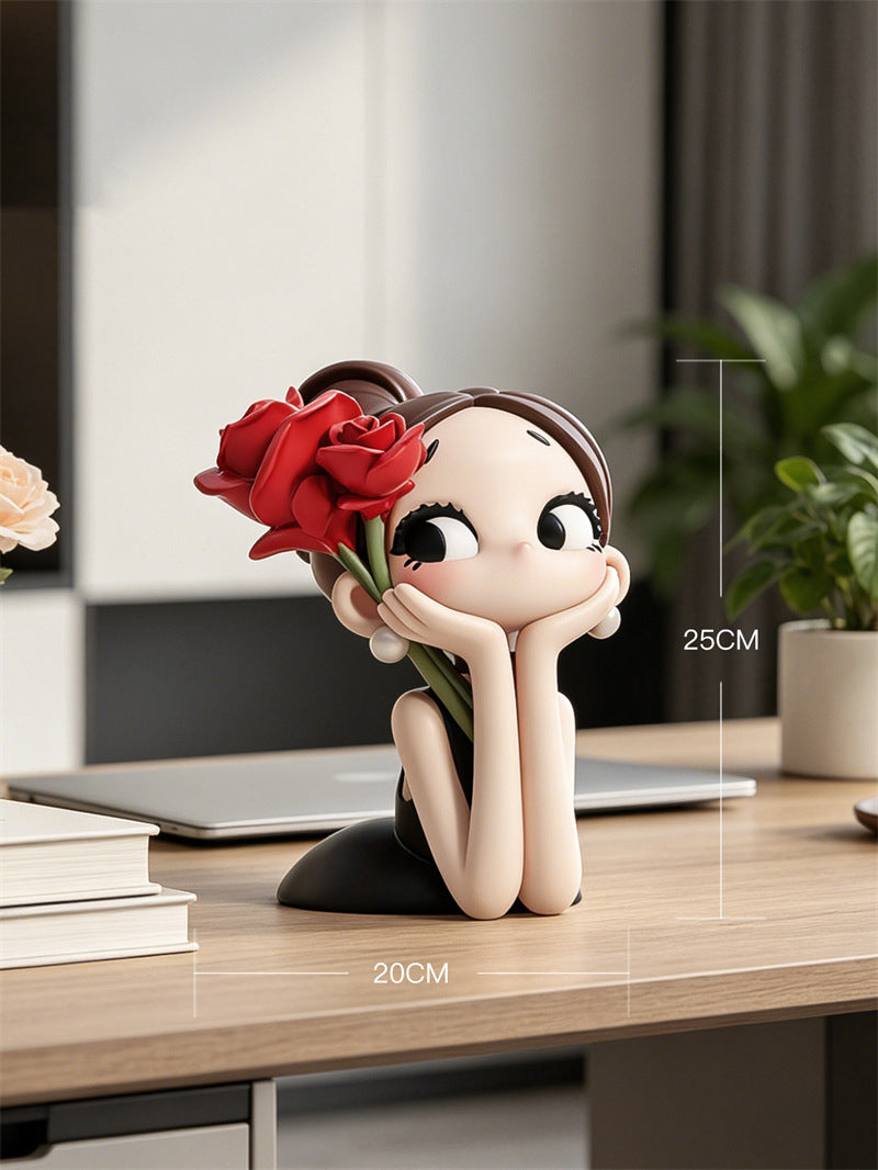 Cute Big Eye Girl With Rose Figurine, Aesthetic Tabletop Lady Statue, Minimalist Home Decor Sculpture Ornament, Gift for Women
