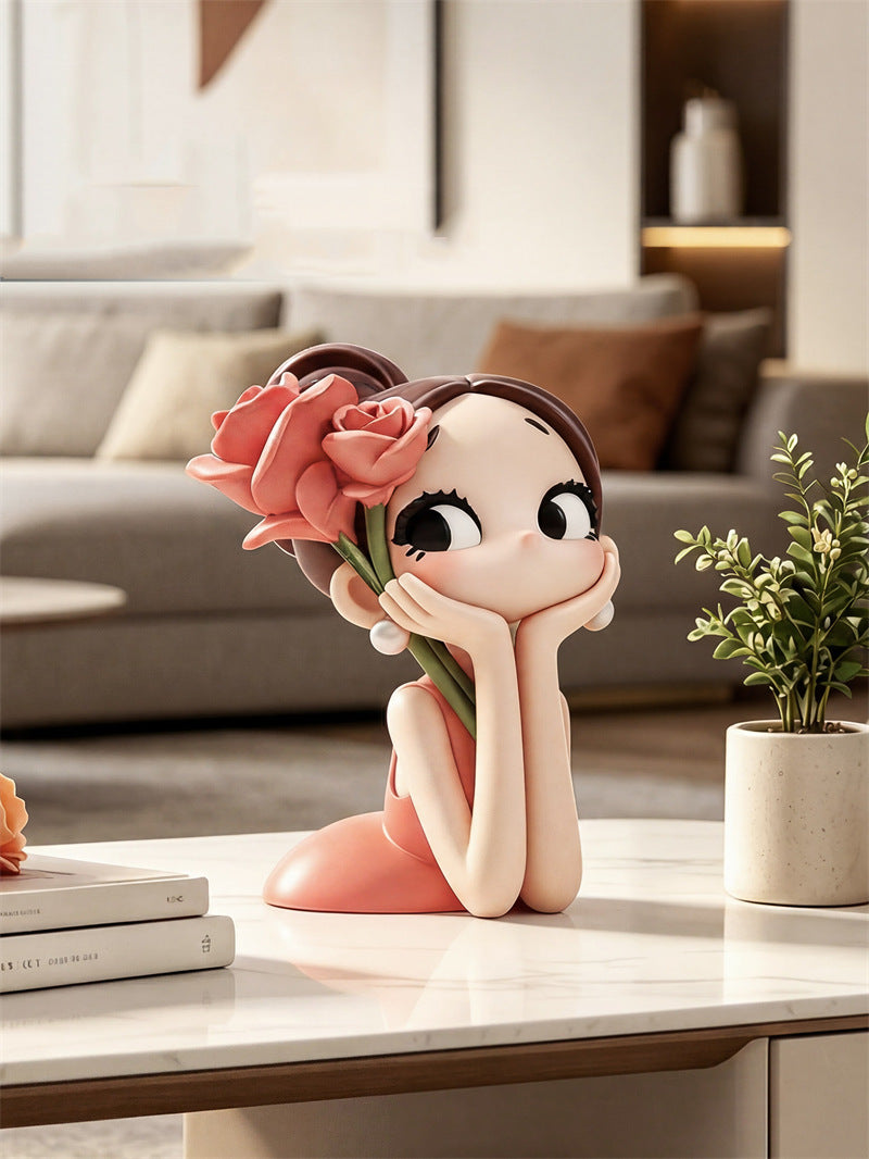 Cute Big Eye Girl With Rose Figurine, Aesthetic Tabletop Lady Statue, Minimalist Home Decor Sculpture Ornament, Gift for Women