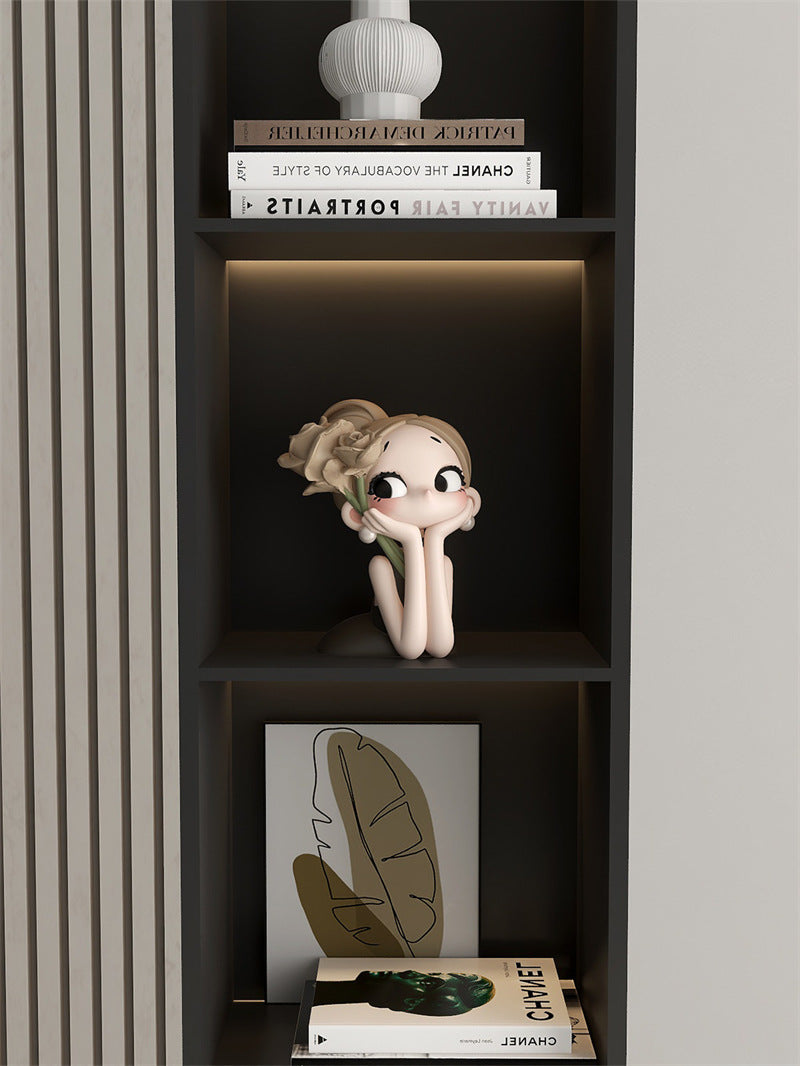 Cute Big Eye Girl With Rose Figurine, Aesthetic Tabletop Lady Statue, Minimalist Home Decor Sculpture Ornament, Gift for Women