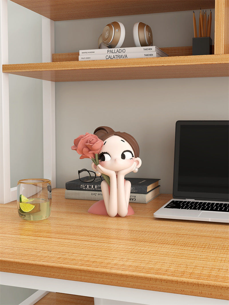 Cute Big Eye Girl With Rose Figurine, Aesthetic Tabletop Lady Statue, Minimalist Home Decor Sculpture Ornament, Gift for Women