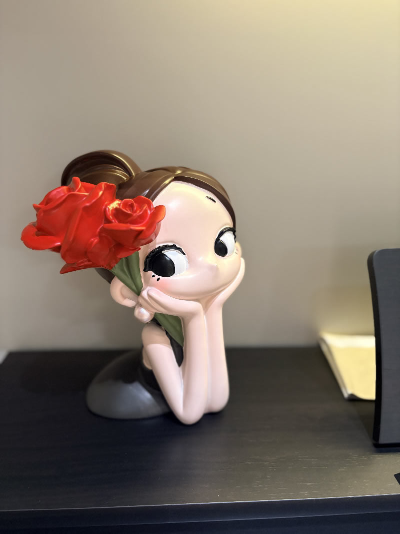 Cute Big Eye Girl With Rose Figurine, Aesthetic Tabletop Lady Statue, Minimalist Home Decor Sculpture Ornament, Gift for Women