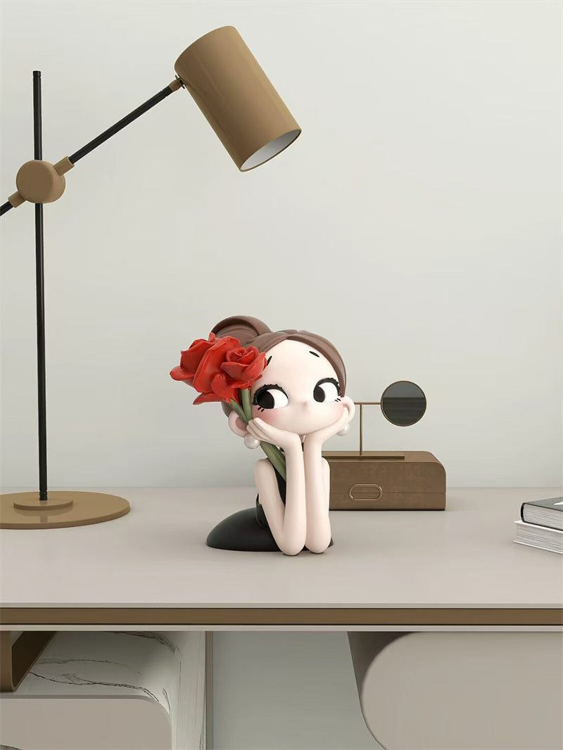Cute Big Eye Girl With Rose Figurine, Aesthetic Tabletop Lady Statue, Minimalist Home Decor Sculpture Ornament, Gift for Women