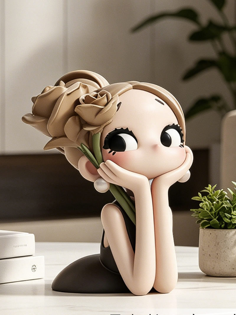 Cute Big Eye Girl With Rose Figurine, Aesthetic Tabletop Lady Statue, Minimalist Home Decor Sculpture Ornament, Gift for Women