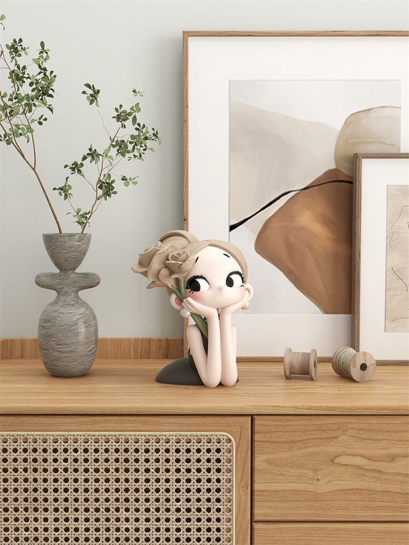 Cute Big Eye Girl With Rose Figurine, Aesthetic Tabletop Lady Statue, Minimalist Home Decor Sculpture Ornament, Gift for Women