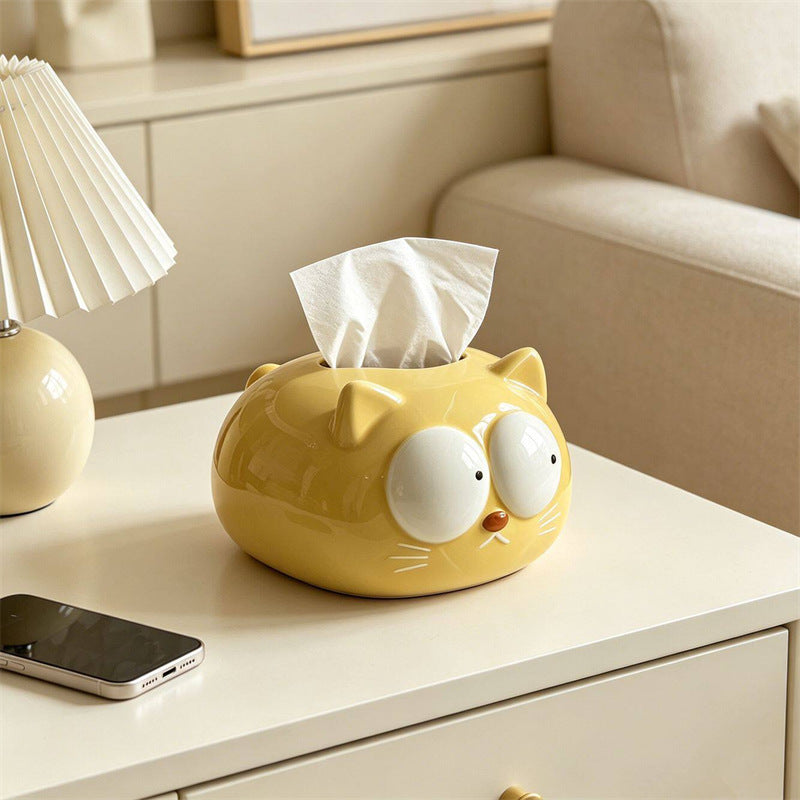 Cute Big Eyed Cartoon Cat Ceramic Tissue Box , Plump Kitten Facial Napkin Dispenser, Kawaii Animal Tabletop Tissue Holder