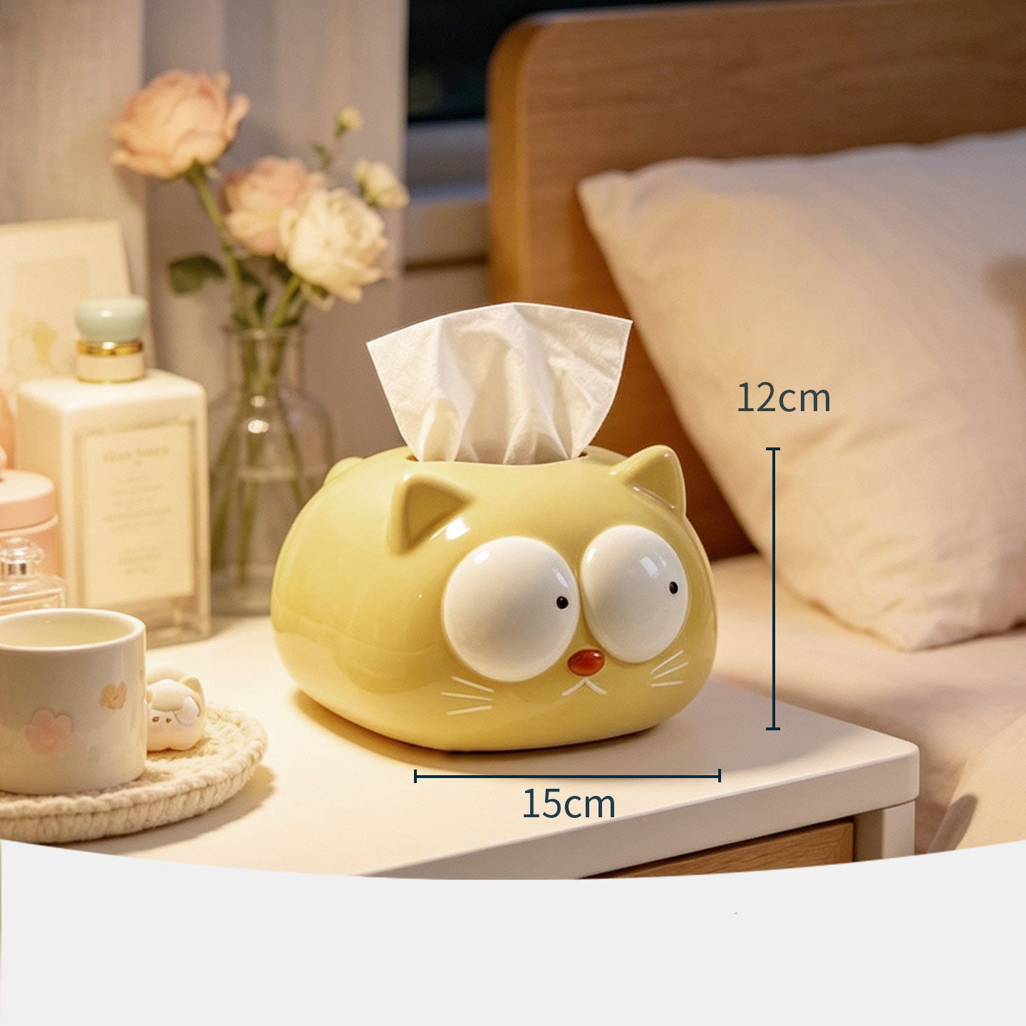 Cute Big Eyed Cartoon Cat Ceramic Tissue Box , Plump Kitten Facial Napkin Dispenser, Kawaii Animal Tabletop Tissue Holder