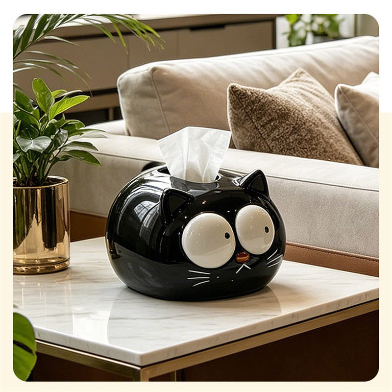 Cute Big Eyed Cartoon Cat Ceramic Tissue Box , Plump Kitten Facial Napkin Dispenser, Kawaii Animal Tabletop Tissue Holder