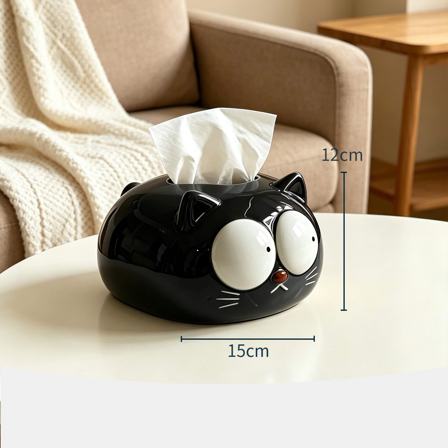 Cute Big Eyed Cartoon Cat Ceramic Tissue Box , Plump Kitten Facial Napkin Dispenser, Kawaii Animal Tabletop Tissue Holder