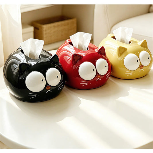 Cute Big Eyed Cartoon Cat Ceramic Tissue Box , Plump Kitten Facial Napkin Dispenser, Kawaii Animal Tabletop Tissue Holder