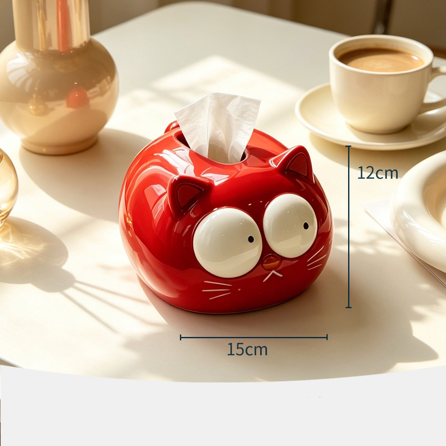 Cute Big Eyed Cartoon Cat Ceramic Tissue Box , Plump Kitten Facial Napkin Dispenser, Kawaii Animal Tabletop Tissue Holder